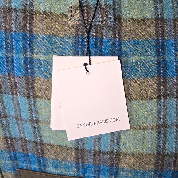 Sandro Paris Wool Tartan Plaid Large Tote Blue Green Snap Top Handle Bag NWT - Picture 3 of 13
